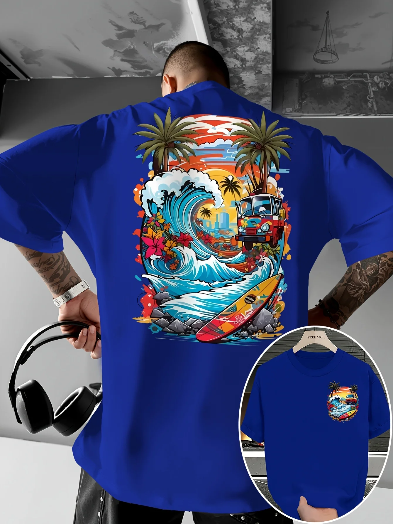 Herren-T-Shirt mit Palmenmuster und buntem Wellenmuster, atmungsaktiv, 100 % reine Baumwolle, Sommermode, lässiges Oberteil – Detail 2