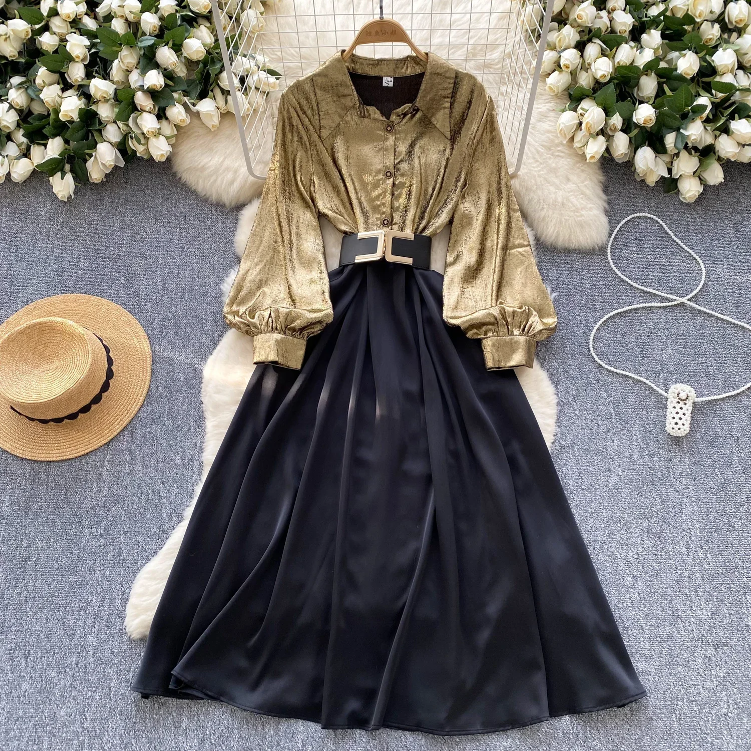 Elegant Long Sleeves Vintage Turn-down Collar Chic Metal Buckle Belt Slim Long Dresses French High Street Autumn Winter Clothing