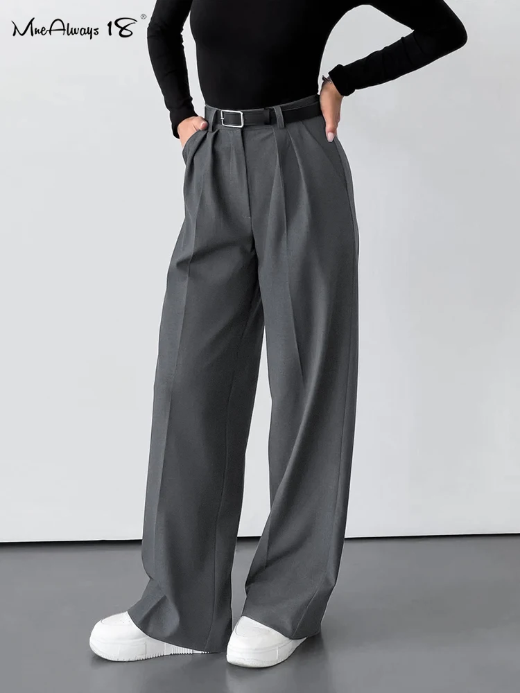 

Mnealways18 Gray Pleated Wide Legs Pants Women High Waist Classic Black Pants Autumn Winter 2024 Solid Casual Office Ladies Pant