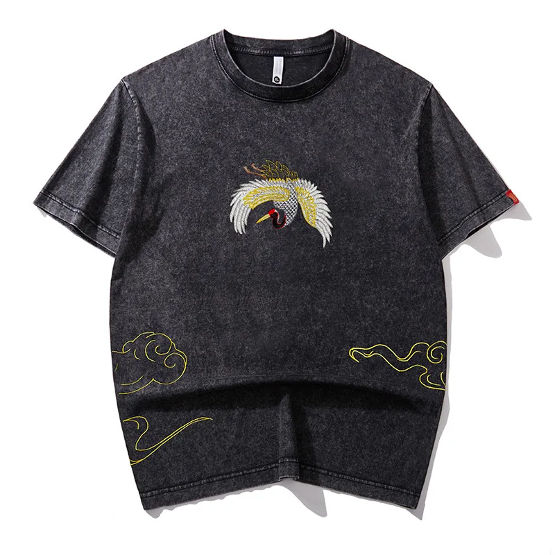 

Men‘s Chinese Style Crane Embroidery T-Shirt, Washed Cotton Short Sleeve Tee, Summer Casual Loose Fit Streetwear Top