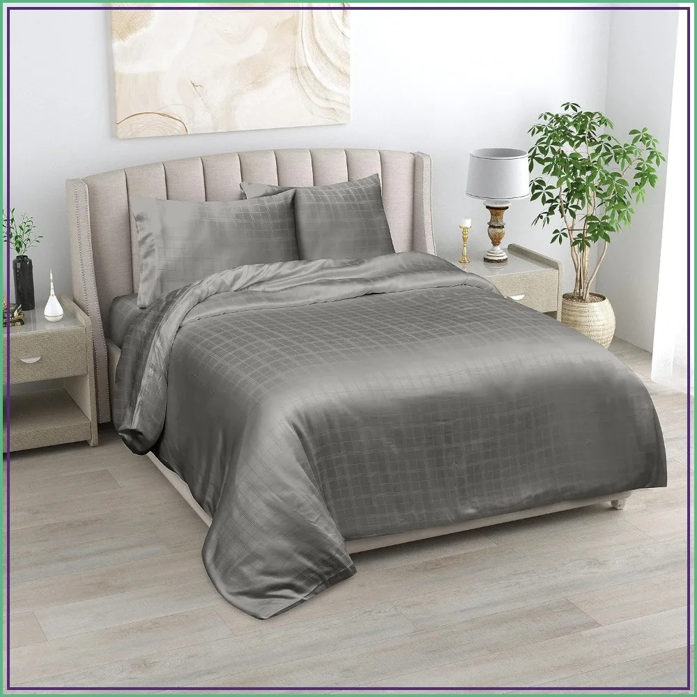 California King Duvet Cover Set, Bamboo Rayon, 108x96, Checkered, Zipper, Corner Ties, Blue