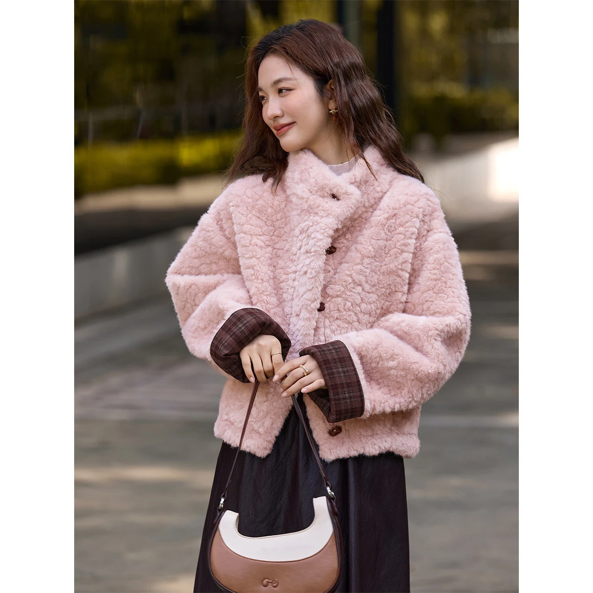 VIMLY Kunstpelzjacke für Damen, 2025, Winter, süß, Stehkragen, Spleiß, kariert, Kunstpelzmantel, lockere Passform, dicke Damenbekleidung 30585