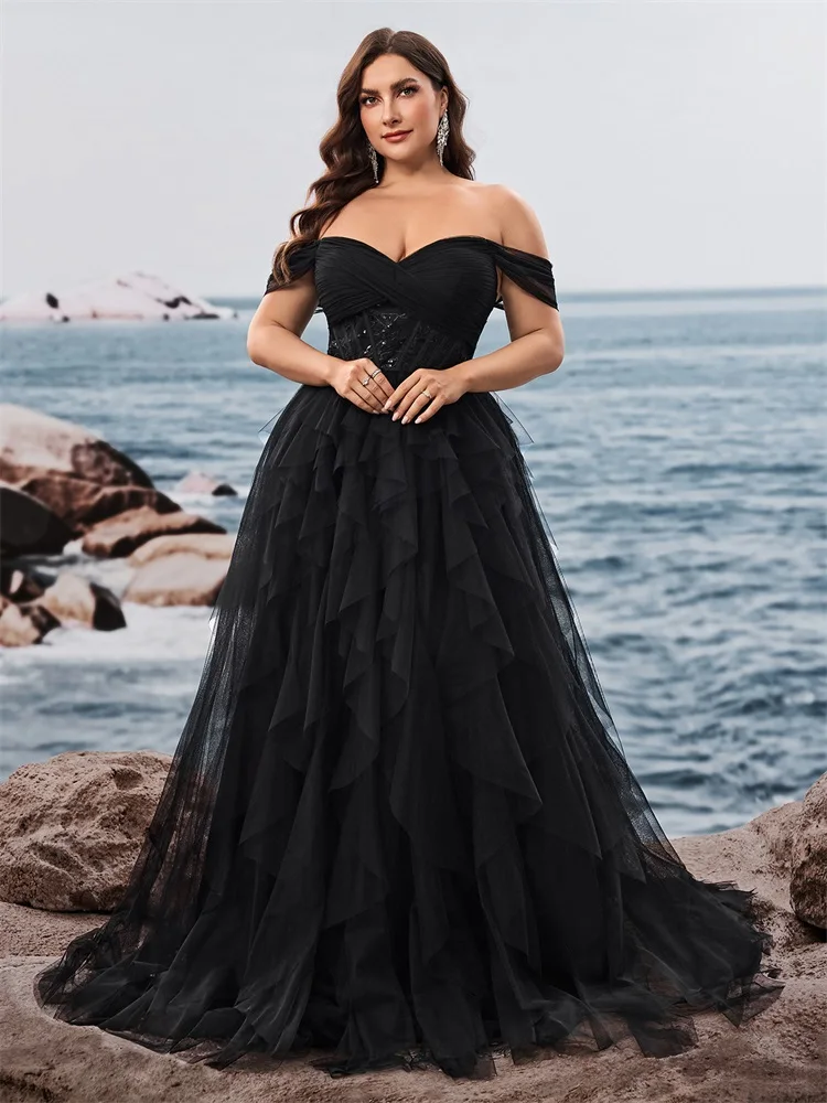 

Lucyinlove Plus Size Elegant Sleevesless Tulle Off-the-shoulder Evening Dresses Long Luxury Formal Bridesmaid Party Maxi Cocktai