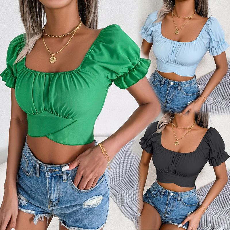 Spring Summer Women Square Collar T Shirt Sexy Tie Up Exposed Navel Short Sleeve Chiffon Shirts Tops Casual Fashion Blouse