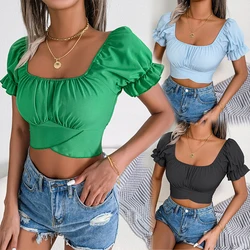 Spring Summer Women Square Collar T Shirt Sexy Tie Up Exposed Navel Short Sleeve Chiffon Shirts Tops Casual Fashion Blouse