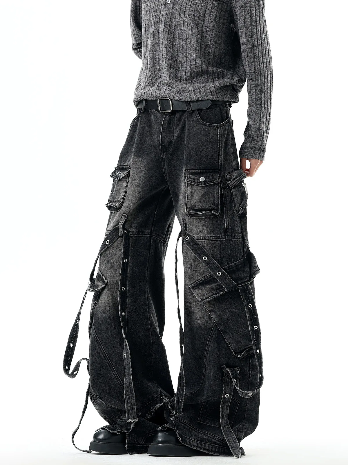 American Street Style Heavy Duty Multi Pocket Sash Flared Jeans Loose Wide Leg Slimming Long Trousers Unisex Youth Fashion