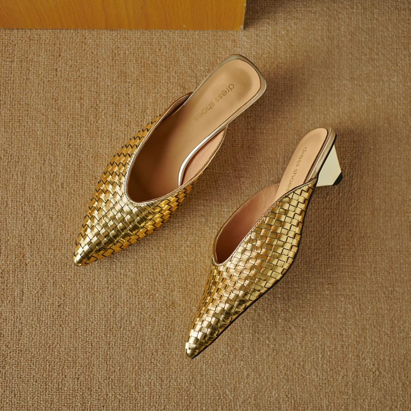 Womens Simple Shoes Chunk Heeled Weave Mules Handmade Mullers French Style Slip On Gold Silver Slipeprs Retro Pointed Toe Pumps