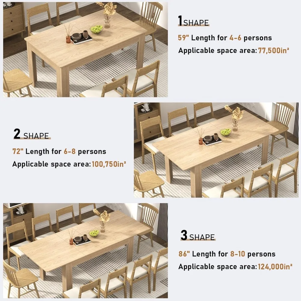 مقاعد طاولة طعام خشبية قابلة للتوسيع 6-10، تصميم حديث للتجمعات العائلية والاجتماعات