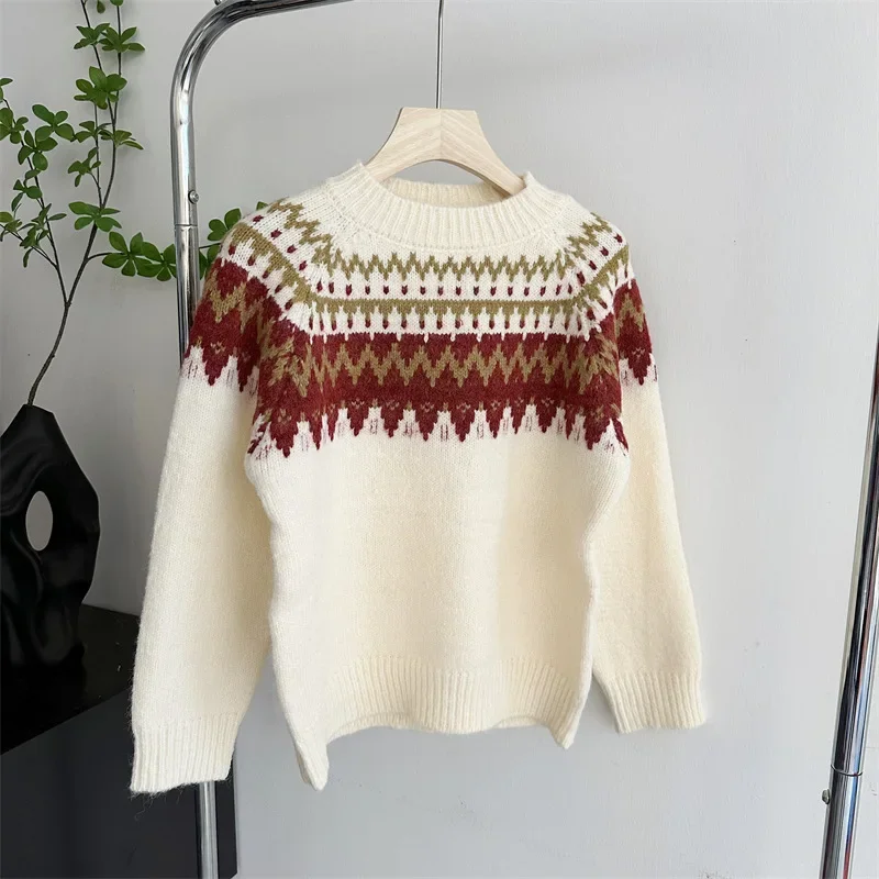 

Жаккардовый винтажный вязаный джемпер с круглым вырезом, пуловеры Fair Isle, рождественские свитера, новогодний трикотаж, осенне-зимняя женская верхняя одежда