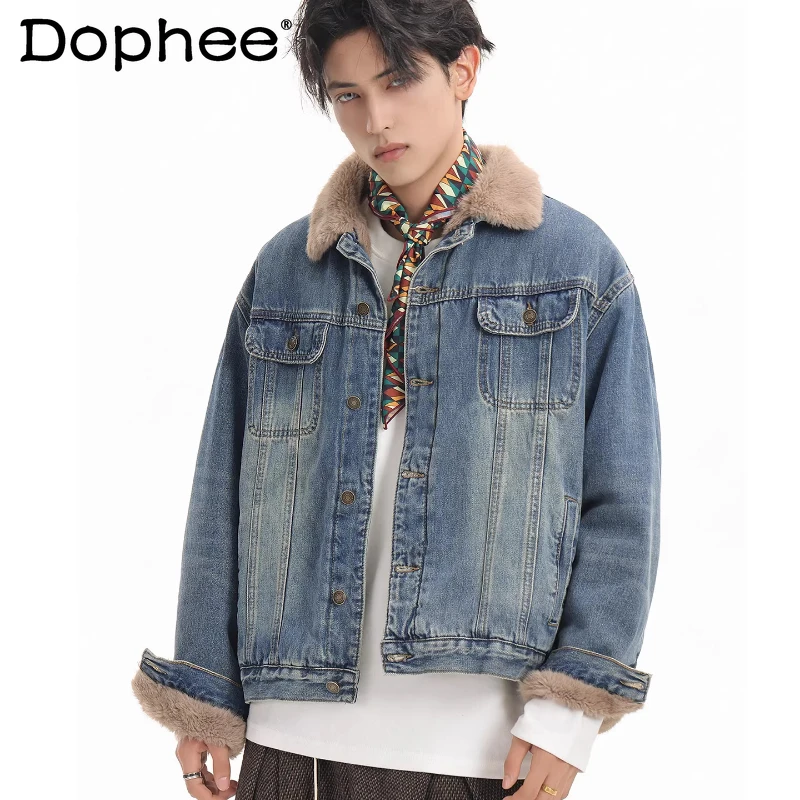 

Men's 2025 Winter New Street Style Handsome Furry Jackets Fashion Lapel Denim Jacket Parkas Loose Comfort Long Sleeve Chic Tops