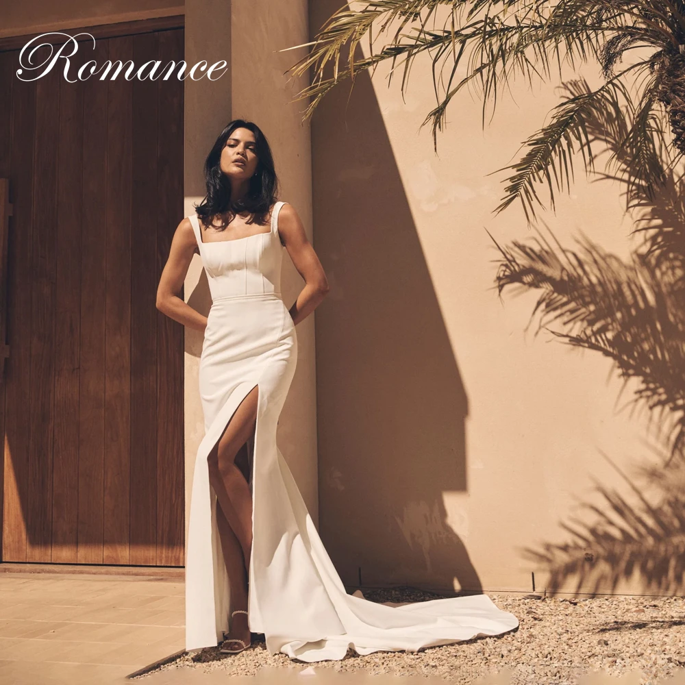 Moderne Quadrat Kragen Meerjungfrau Hochzeit Kleid Frauen Hohe Schlitz Ärmellose Spaghetti-trägern Open Back Vestidos De Novia Angepasst