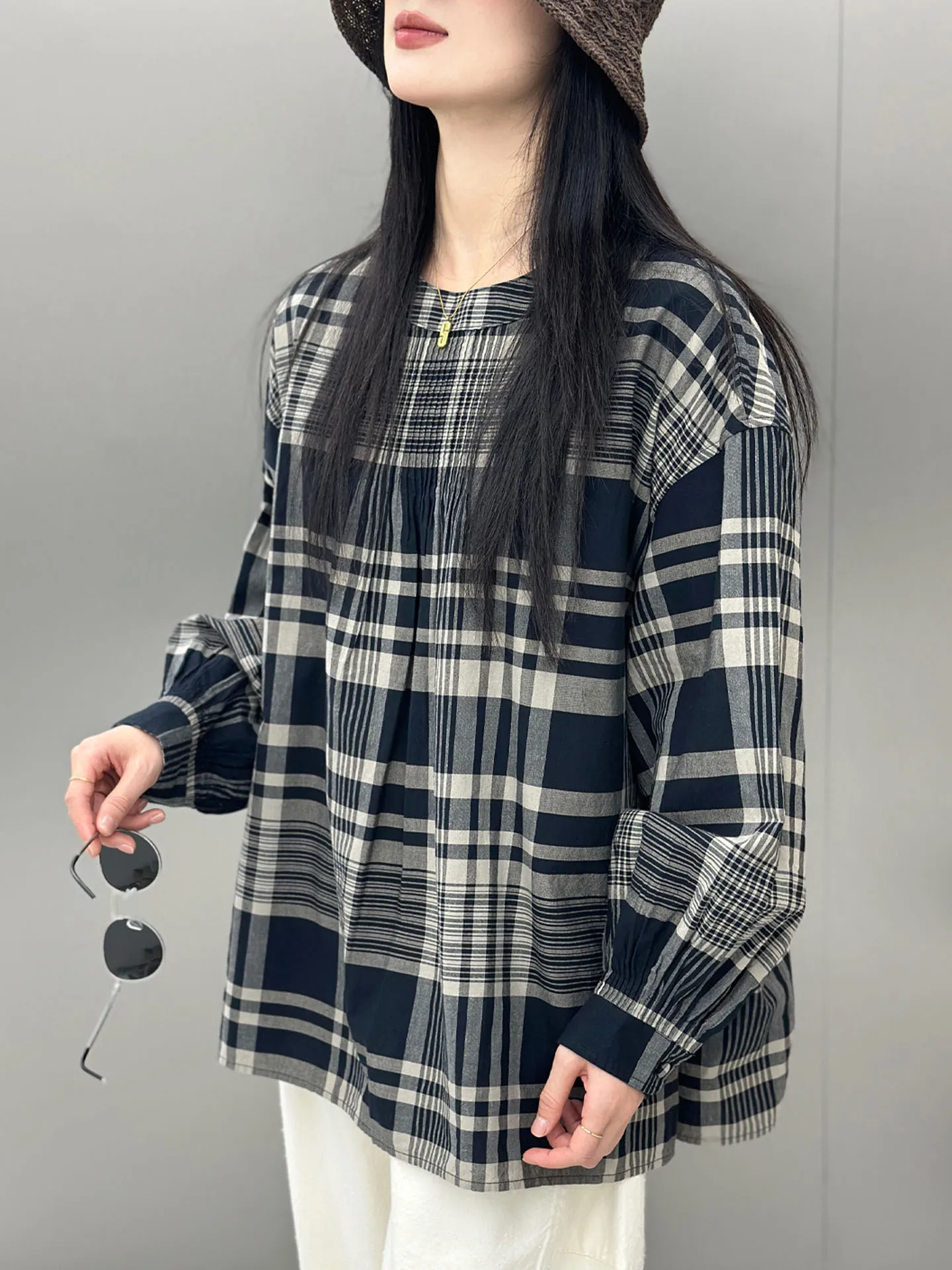 

Loose Fit Color Block Plaid Casual Shirt Women's Breathable Cotton Linen Blend Comfortable Long Sleeve Button up Shirt