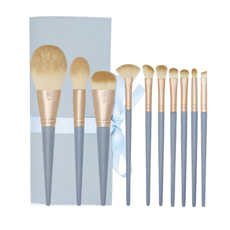ABGU 10Pcs Blue Makeup Brushes Set Nylon Powder Foundation Concealer Blush Eyeshadow Nylon Make Up Brushes