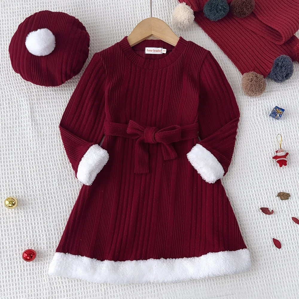 Autumn / Winter New Christmas Girls' Wine Red Pit Strip Splicing Dress with Hat Suitable for Daily Wearing Basic Christmas Style