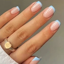 Juego de manicura corta francesa para mujer, Color azul claro, rosa, doble Color, superficie brillante, cobertura completa, usable, uñas falsas, prensa en arte de uñas, 24 piezas