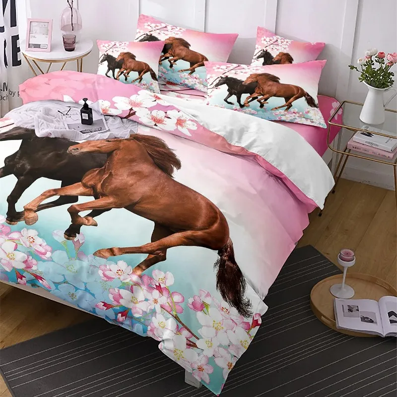 

Cherry Blossoms Horse Comforter Cover Bedding Sets For King 3D Print Grassland Animals Quilt Cover Set High Quality Microfiber