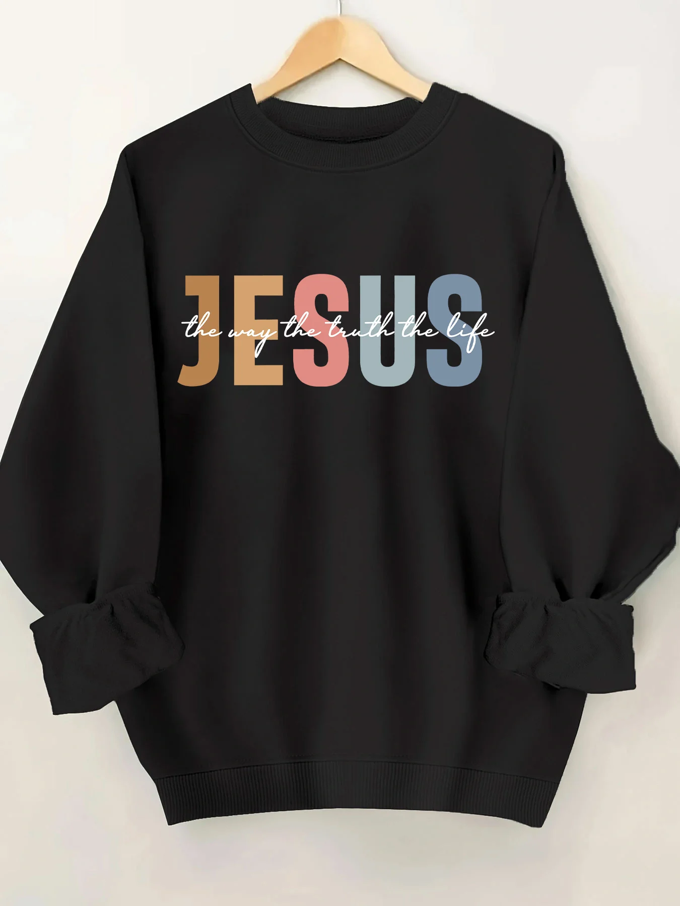 

1 шт. Женская толстовка с рисунком «Jesus is the Way, the Truth, the Life» — повседневный пуловер с круглым вырезом и красочным буквенным принтом