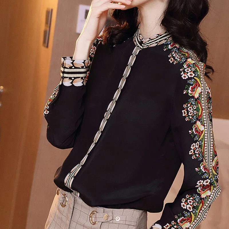 Floral Printed Spliced Elegant Shirt Women\'s Clothing Spring Autumn Long Sleeve Vintage Commute Slim Polo-Neck Button Blouses