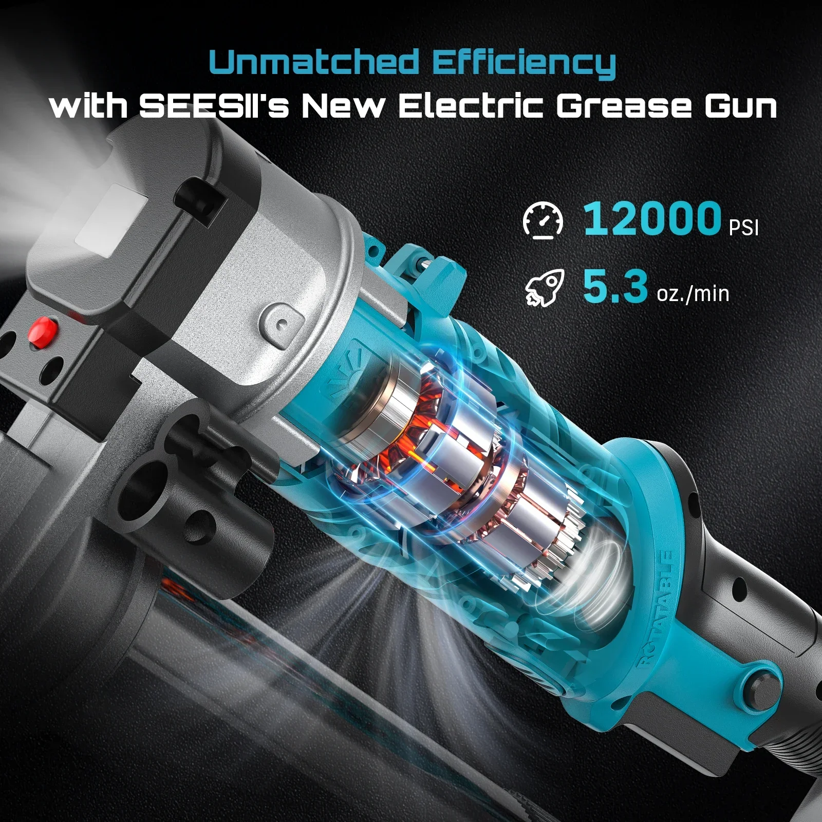 SEESII GR01 Ultra 12000PSI 2-in-1 Cordless Electric Grease Gun Kit Innovative Easy-to-Use Oil Greasing Tool 5.3 Oz/min High-Efficiency Grease Machine with 2.0Ah Battery 48" Flexible Hose LED Light view 6
