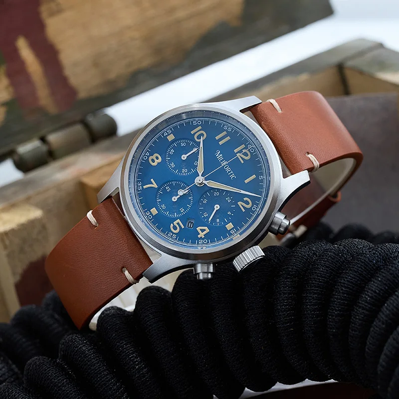 MF Affordable Retro Military Watch 10ATM Date 3-Subdial Leather Luminou Stainless Steel Solar-powered Chronograph Watches