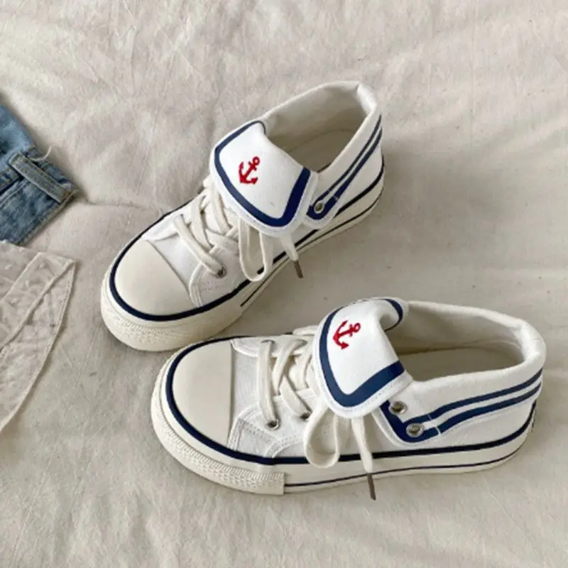 Navy Style High-top Canvas Shoes for Women Autumn New Contrast-colored Casual Sneakers Anti-slip Thick Sole Platform Shoes