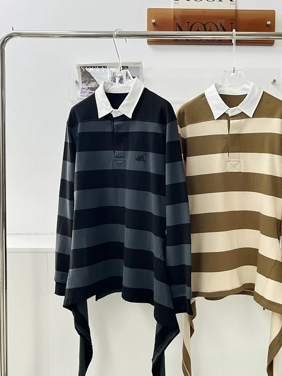 Korean Style College Preppy Striped  Neck Long Sleeve T-Shirt Women's Autumn Unique Design Belted Top Trendy Loose Fit