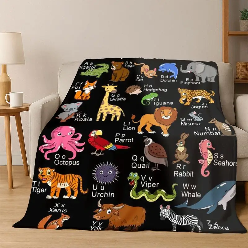 Alphabet ABC Early Education Cartoon Flannel Blanket Soft Warm Blanket Throw Blanket for Bedroom Living Room Bed Travel Camping