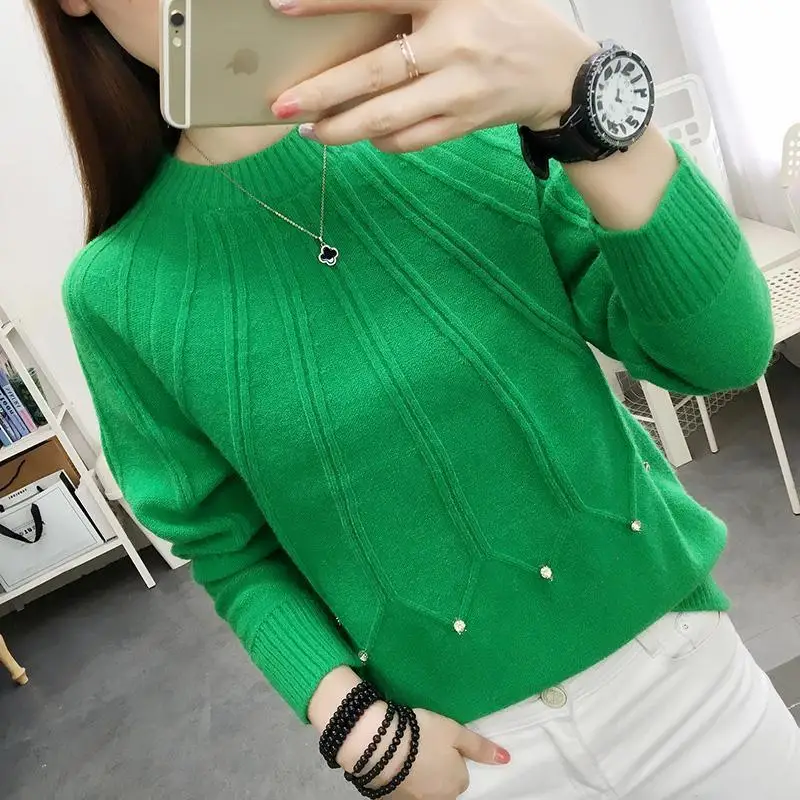 Fashion O-Neck Solid Color Diamonds Sweater Women\'s Clothing 2023 Spring New Loose Casual Pullovers All-match Korean Tops