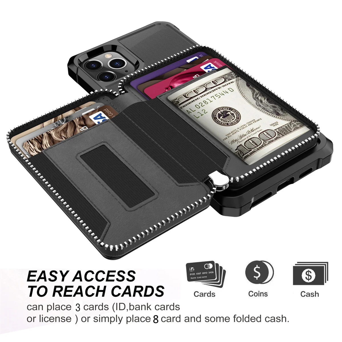 Luxury Zipper Purse Card Bag Wallet Case for iPhone 12 Pro Max 6s 7G 8 Plus SE 2020 XS XR XS Max 11 Pro 12 Mini Defender Cover