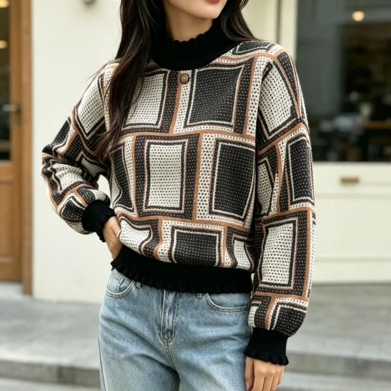 Spring Autumn Vintage Women Plaid Print Stand Collar Long Sleeve Blouse Fit Simple Elegant Office Casual Daily Wear Shirt Tops