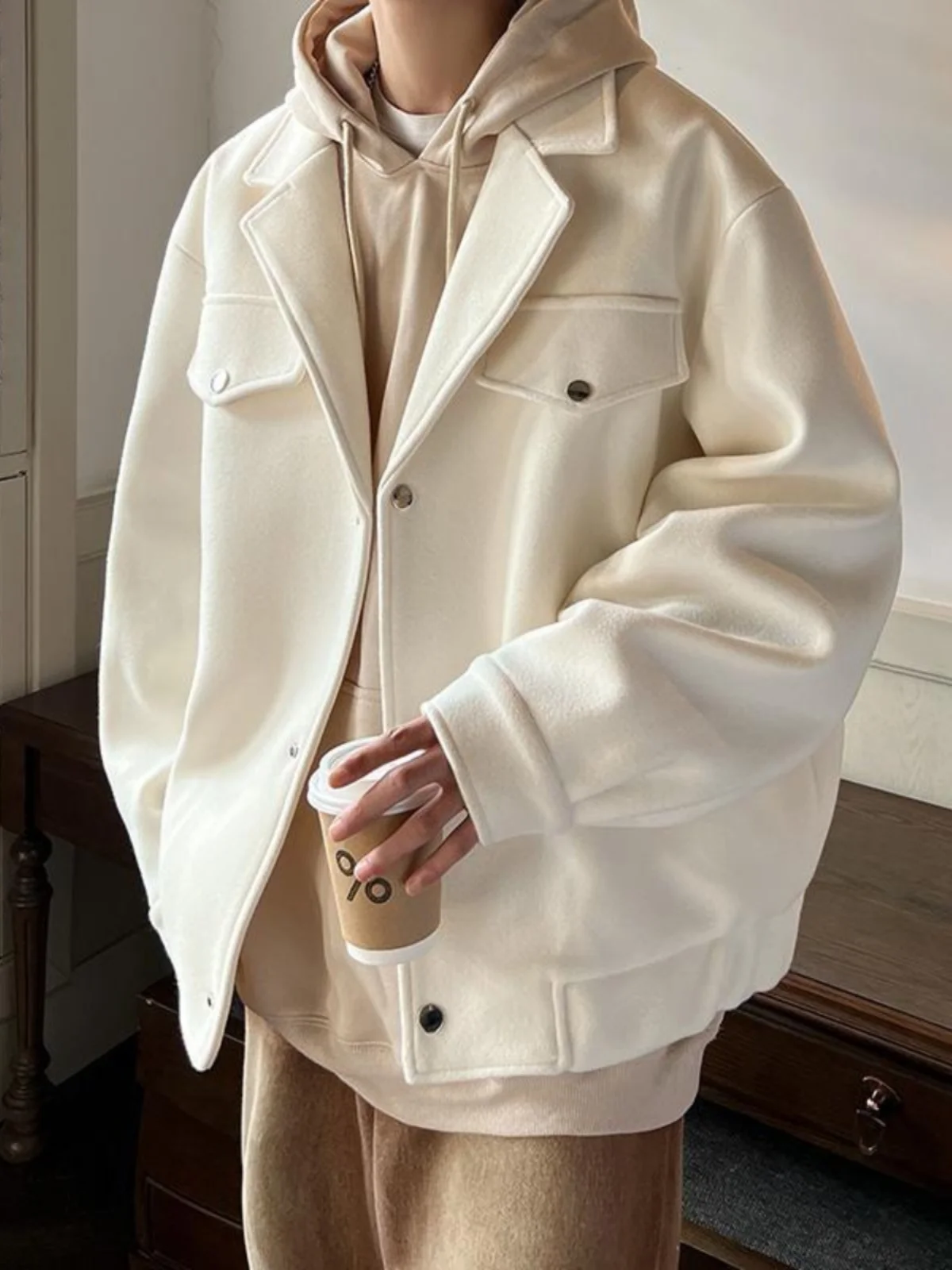 

Autumn Winter Large Size Men's Woolen Jaet Briti Sle Loose Fit Trendy Outerwear Korean Design Sensation Faionable Coat