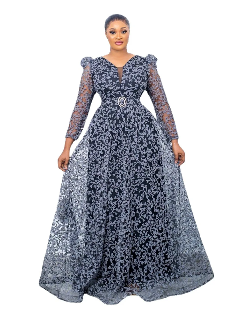 Dress Women Print Long Dresses A Line V Neck Full Sleeve Slim Fit High Waist Elegant Splice Regular Floor Length Vestidos