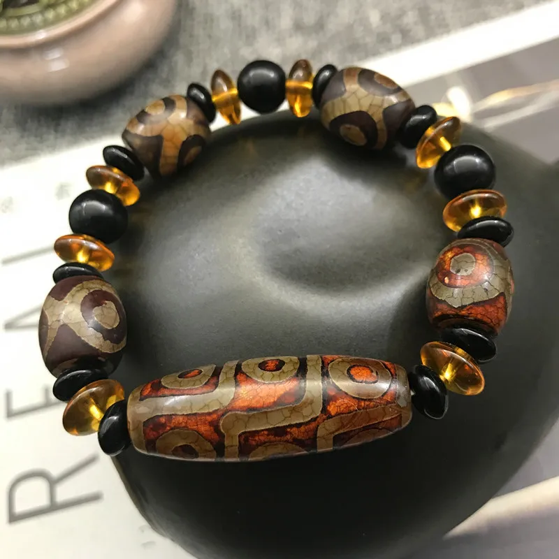 Agate Nine- Dzi , Ancient Tibetan Style Three-Eyed Old Buddha Bead Bracelet, Handmade Artifacts