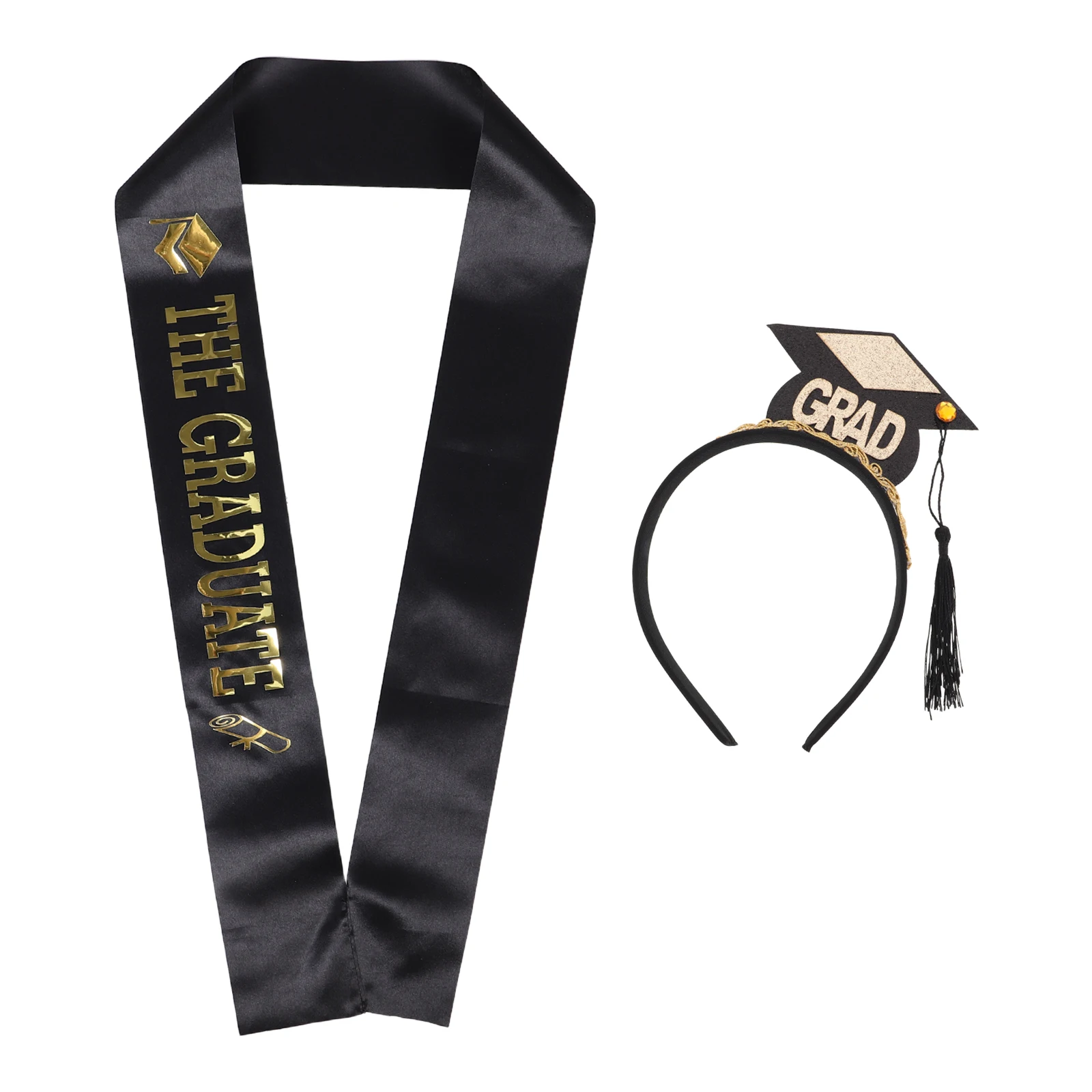 

2Pcs Graduation Cap Headband Sash Set Black Satin Doctoral Hat Party Supplies Photo Props Ceremony Decorations