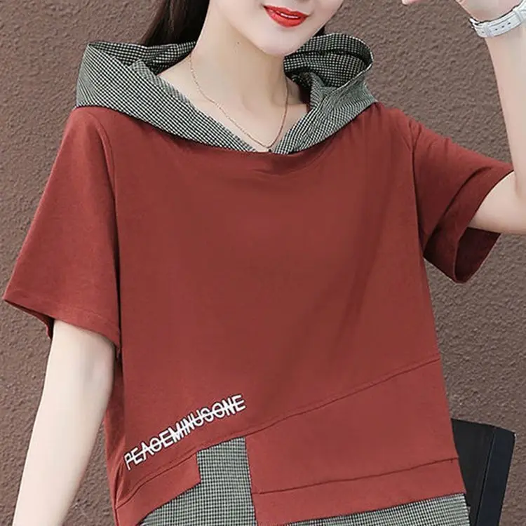 Fake Two-piece Hooded Short-sleeved T-shirt for Women 2025 Summer New Slim Top
