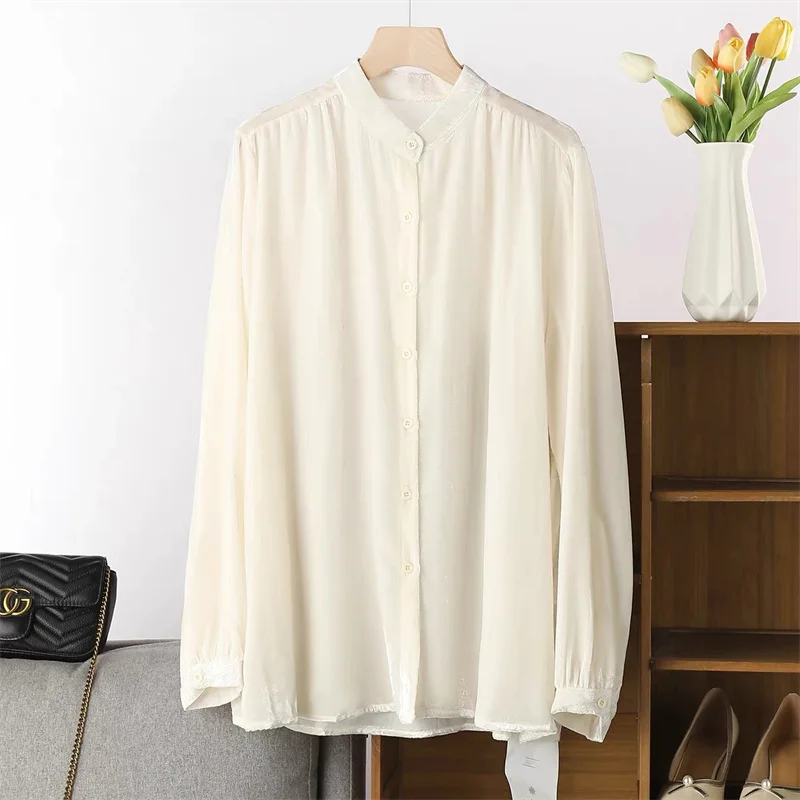 Camisa de Veludo Plus Size Feminina de Manga Longa, Cor Sólida, Gola Alta, Camada Base para Primavera e Outono, Blusa de Veludo