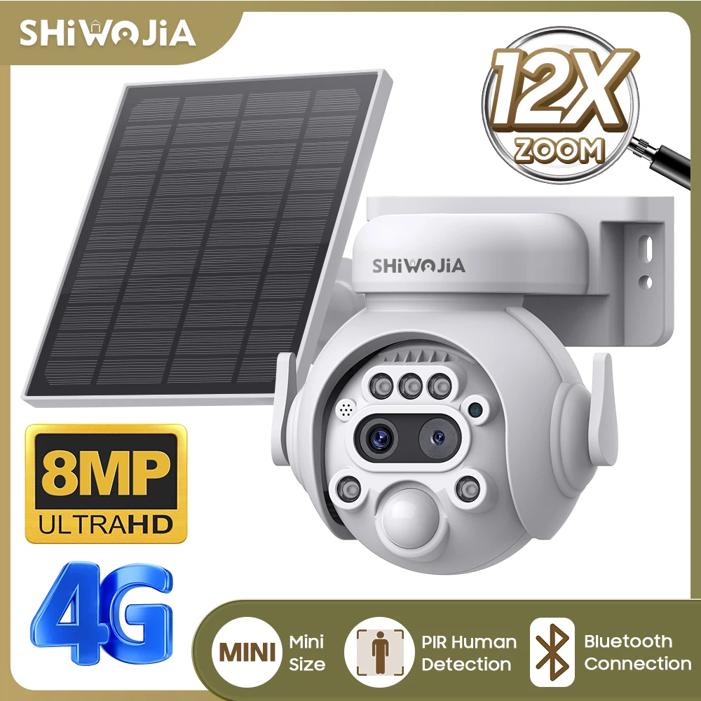 SHIWOJIA 12X Zoom 4G LTE Solar Security Camera 8MP Night Vision Dual-Lens Outdoor WiFi Solar Battery Camera PIR Human Detection