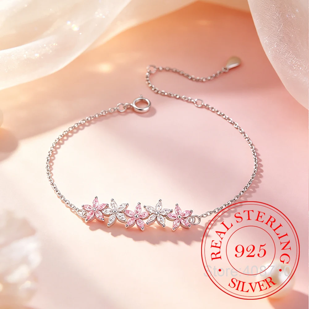 925 Sterling Silver Jewelry Delicate Crystal Sweet Flowers Charm Bracelets for Women Homme Wedding Party Jewelry Friends Gift