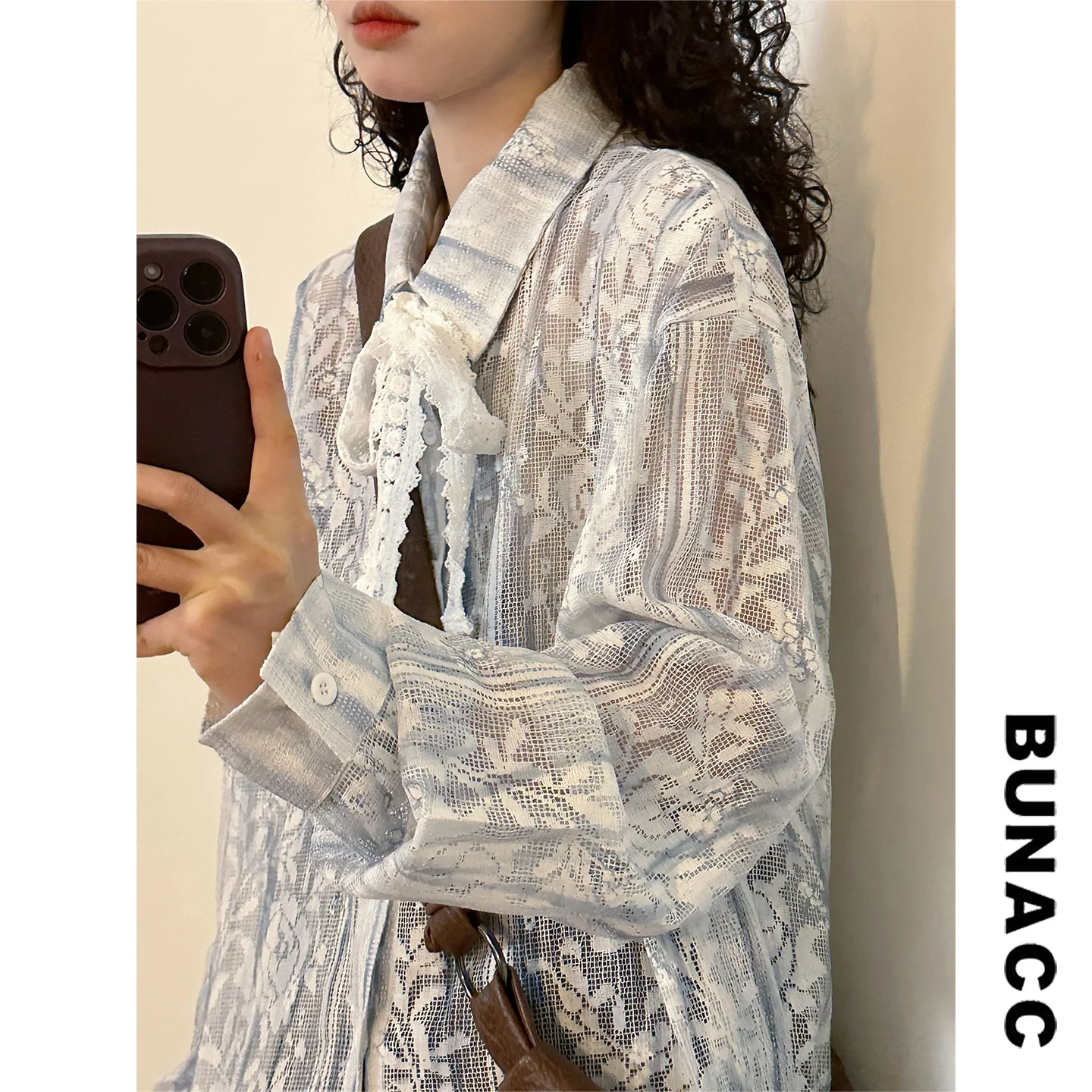 

Spring Japanese Sle Loose Fit Knot Long Sve irt Women's Breathable Me Top Sweet Airy Fem Faion