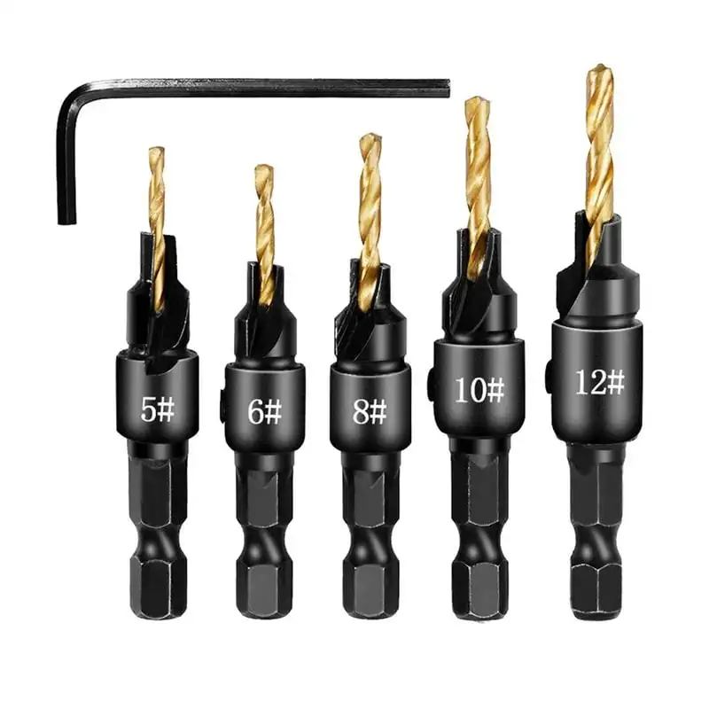 5Pcs Countersink Drill Bit Set Adjustable Chamfered Tool Kit for Woodworking Pilot Holes Hex Shank Accessories