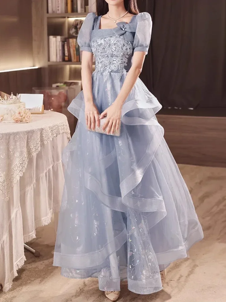 

Fairy Exquisite Square Collar Puff Sleeve Elegant Sleeve Floral Appliques Bow Slim Waist A-line Vestidos Wave Edge Tiered Gown