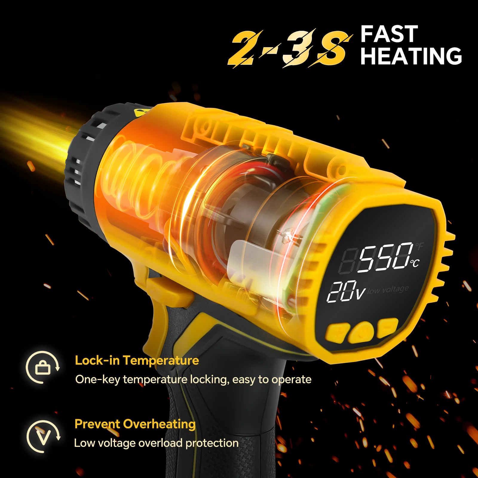 400W Cordless Heat Gun 50-550℃ Fast Heating Hot Air Gun with LCD Digital Display for Dewalt 20v Battery (No Battery)