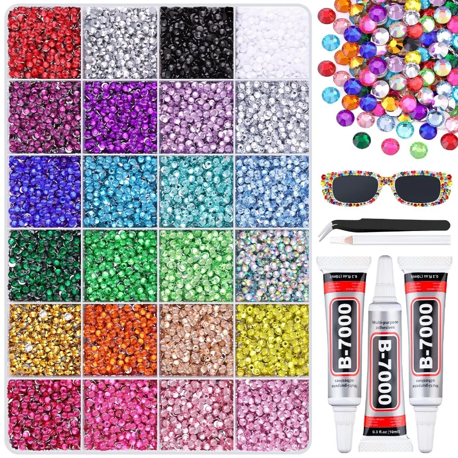 

24000Pcs Resin Rhinestones with 3Pcs B7000 Jewelry Glue for Crafting Multicolors 3mm Non Hotfix Flatback Gems Bedazzling Crysta