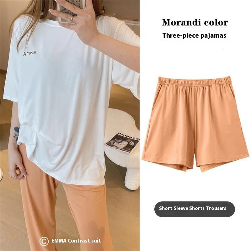 

New Women's Three-Piece Pajamas Homewear Set Girls Casual Pajamas Women Short-Sleeved Simple Sweet Homewear Can Be Worn Outside
