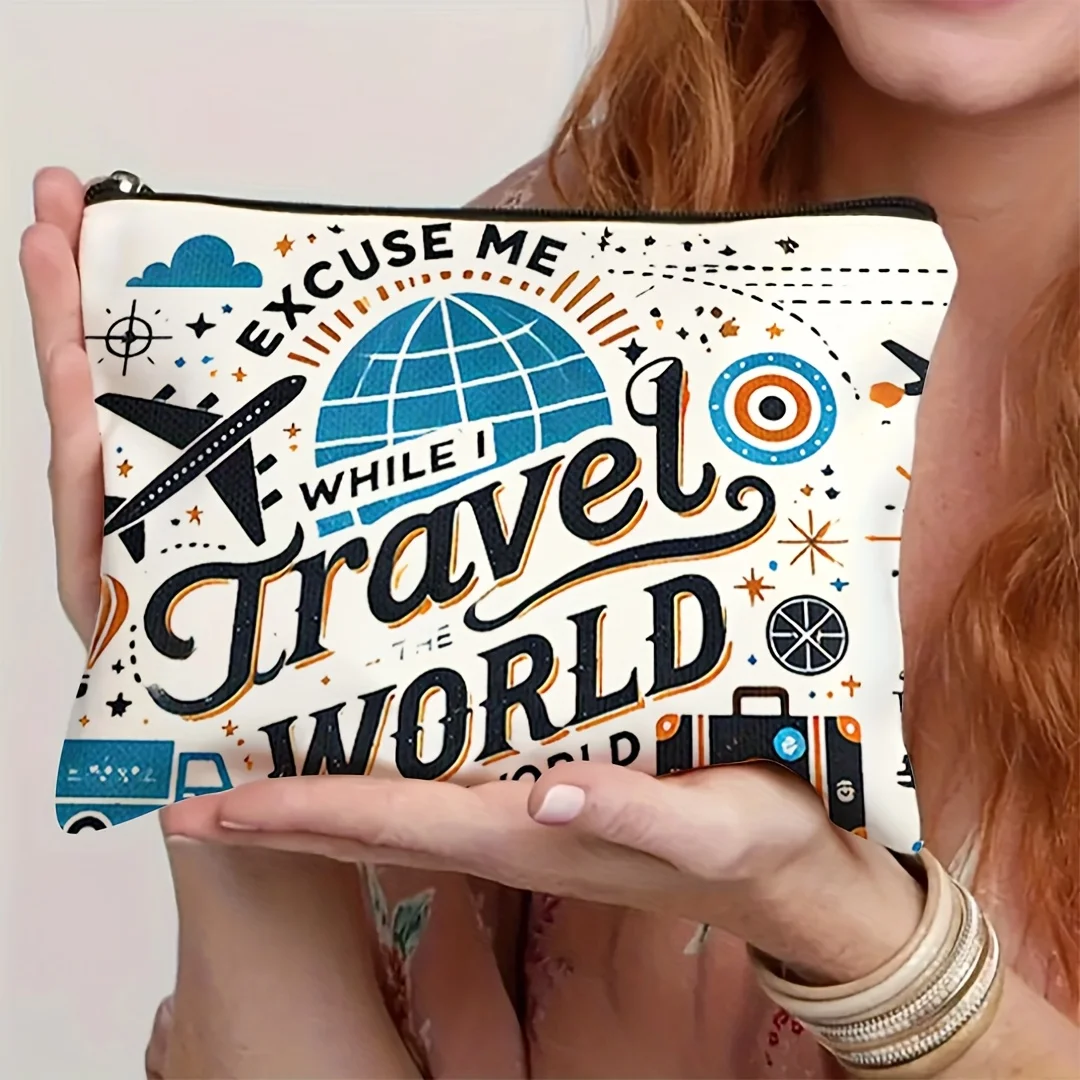 Global Travel Makeup Bag World Map & Airplane Design London Cosmetic Organizer, Durable Fabric Portable Toiletry Bag Travel Bags