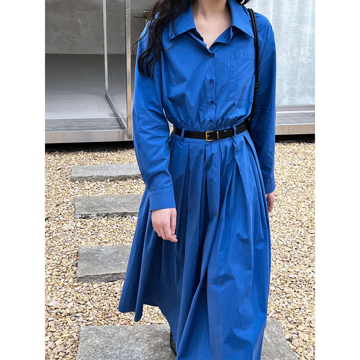 Polo‘s Collar Shirt Dress  Women Spring Slimming Long Dress With A Cinched Waist Blue / Pink