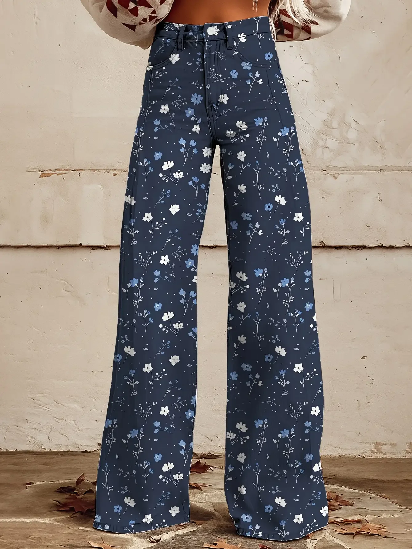  Casual jeans with a variety of colorful western prints, loose wide leg design, and fun printed women's pants