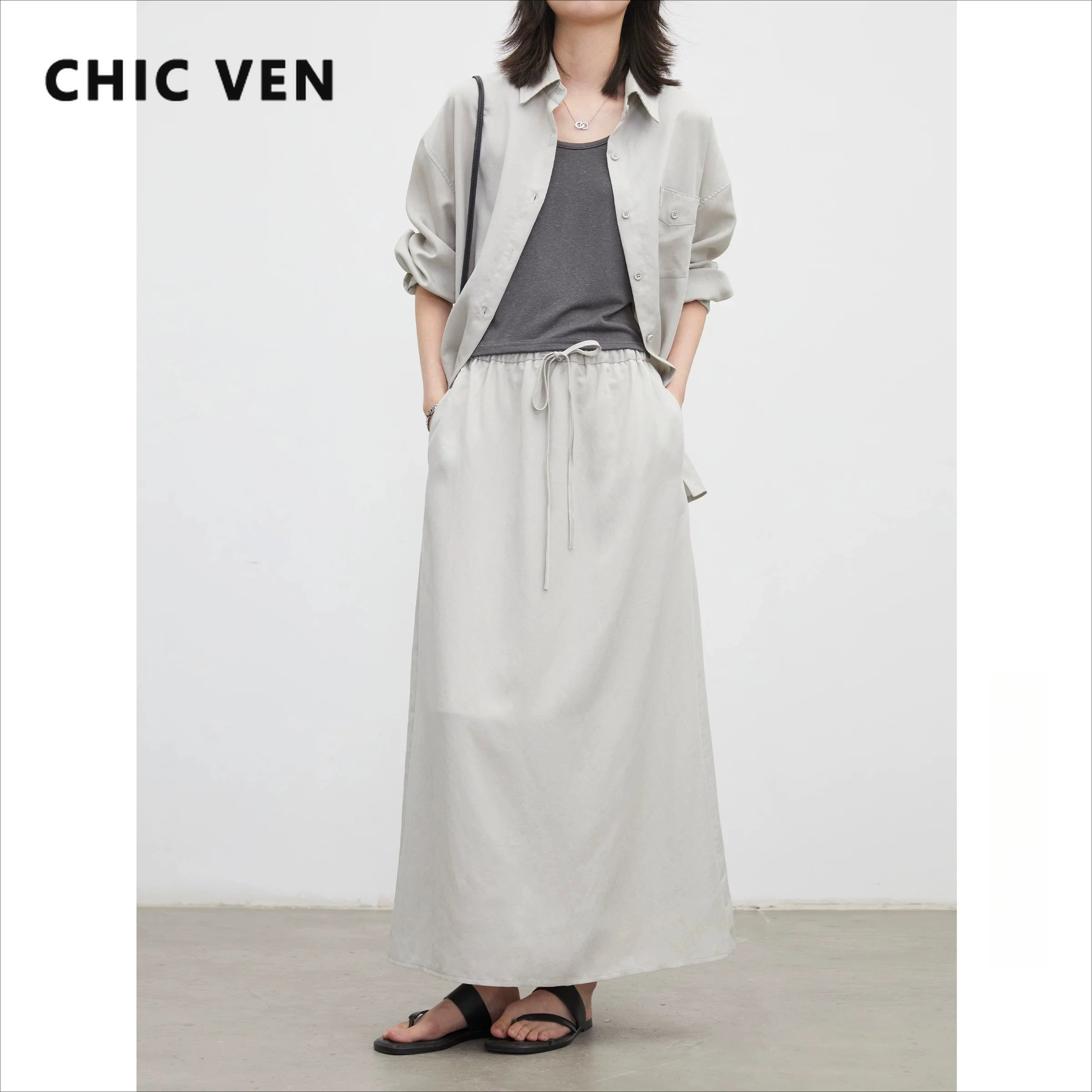 CHIC VEN Fashion Women Shirt Sets Solid Loose Casual New Elastic Waist Half Skirt Layered Three Piece Set Spring Autumn 2026