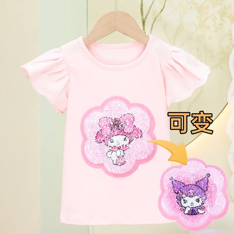 New Sanrios Kuromi Pure Cotton Children Cartoon T-Shirt Anime Cinnamoroll Short Sleeved Kids My Melody Leisure Tops Gifts