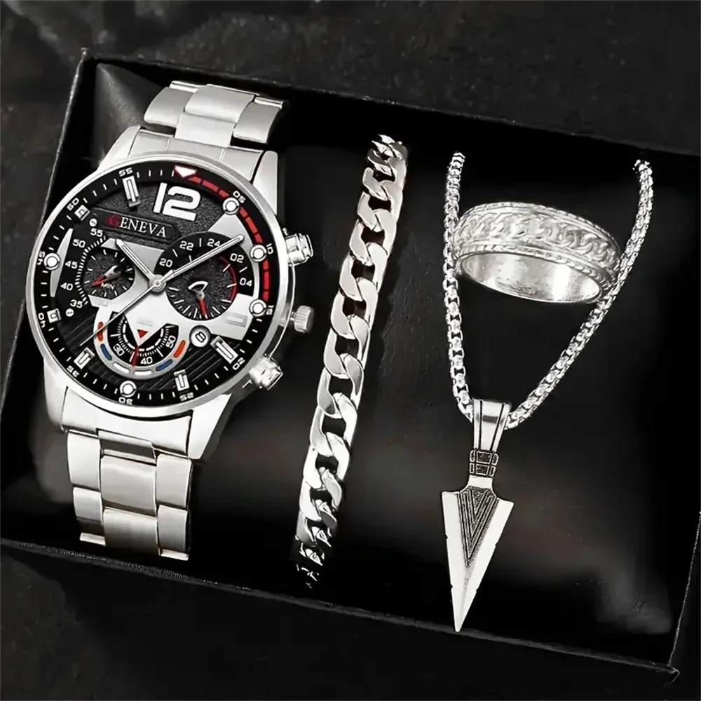 Fashionable and casual business watch+versatile cross steel strap necklace bracelet set with large dial, light luxury